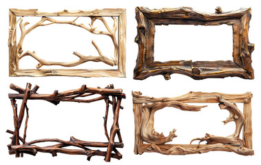 Set of rustic wooden frames crafted from twigs and branches, cut out