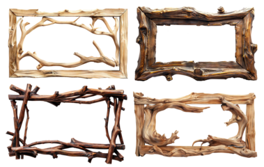 Set of rustic wooden frames crafted from twigs and branches, cut out