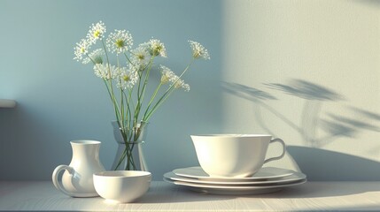 A decorative table setting with a vase of flowers, cup, and saucer