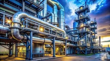 Industrial pipes and machinery at a carbon capture and storage facility, where CO2 emissions are absorbed, processed, and stored underground to mitigate climate change.