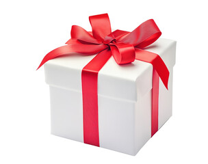Obraz premium White gift box with red ribbon bow, isolated on white