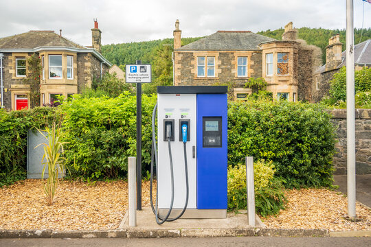 Range anxiety: Ev charging station in a hotel parking lot in the Scottish Borders town of Peeples