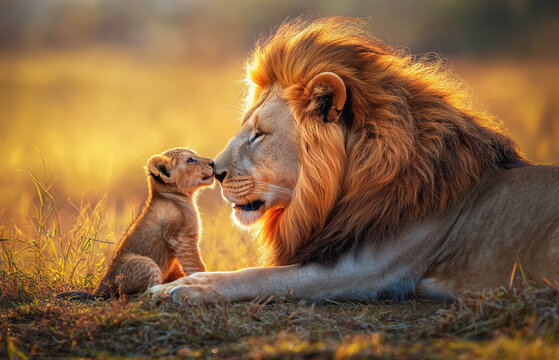 Tender moment of fatherly love in the African savannah lion and cub share a golden sunset showcasing the gentle strength of a lion protector in the wild highlighting the bond of family and nature
