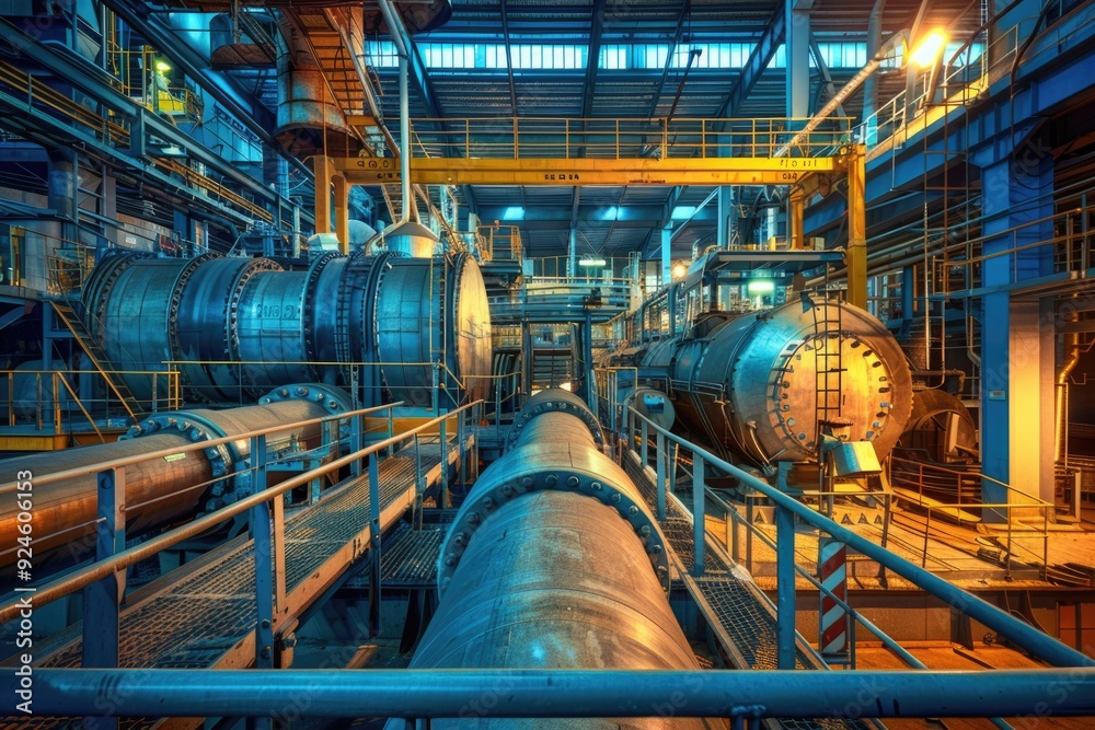 Poster a large pipe in a building with many other pipes, suitable for use in industrial or commercial setti