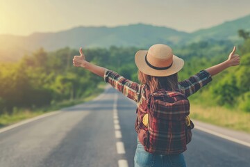 Travel woman backpacking hitchhiking on road, enjoying summertime freedom during vacation trip