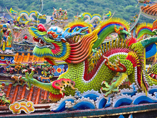 Vibrant Dragon Statue on a Temple Roof in Taiwan