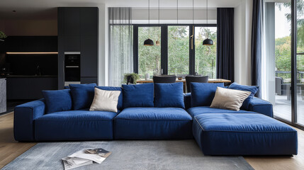  A spacious living room featuring a large, blue, and cozy corner sofa. The room is highlighted by big windows that open up to a dark-toned kitchen,
