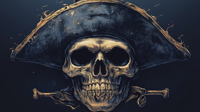 Pirate captain mask with tricorn hat, spooky Halloween party accessory, detailed illustration, dark tones, isolated on white background