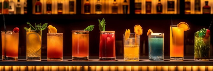 An assortment of colorful cocktails with garnishes including mint and citrus placed on a dark bar counter under warm lighting.