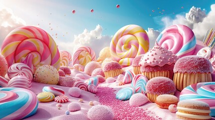 3d landscape candyland. Fantasy world Colorful candyland backgrounds. Candy storms from the sky.