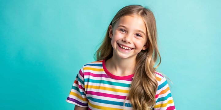 Smiling summer tween girl with bright smile wearing horizontal striped shirt, posed in studio with copy space, conveying carefree and joyful vibes.