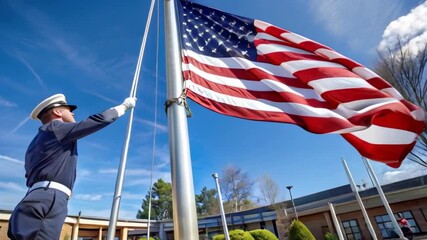 A slow-motion video of a veteran in uniform raising the American flag, showcasing patriotism, duty, and pride against an outdoor background. - Powered by Adobe