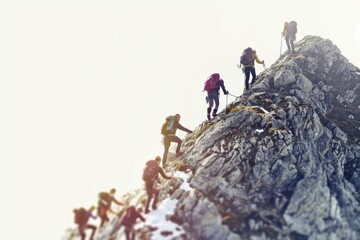 A group of people hiking up a mountain with backpacks and determination