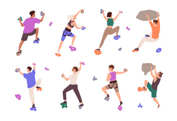 People climbing up in bouldering park, indoor. Climbers training on artificial mountain wall with stones. Men and women mountaineering in gym. Flat isolated vector illustrations on white background © Paper Trident
