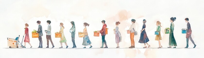 A diverse line of people carrying shopping bags, representing modern lifestyle and consumer culture in a minimalistic artistic style.