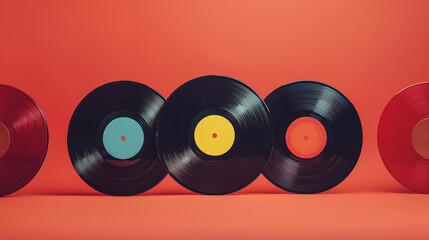 Set of black vinyl records with colored cores on red background.
