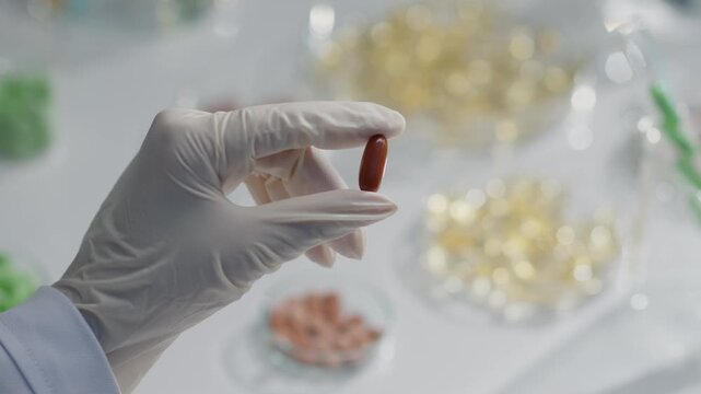 The scientist hold a brown soft supplement capsule in space and rotate gently rotating, below is white laboratory table top is blurred. Top view video, blank space for adding element of editing