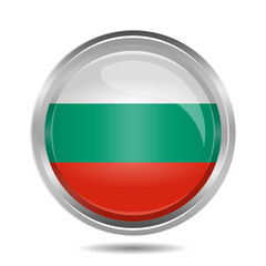 Bulgaria flag with 3D shiny chrome metallic silver frame in round or circle button shape. Editable and scalable vector graphic illustration isolated on white background eps file.