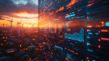 Modern wind turbine with a detailed energy data analytics dashboard in the foreground, displaying real-time statistics and graphs for effective power production monitoring, Ai