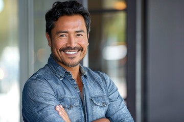 Naklejka premium A happy man with a bright smile wearing a denim shirt