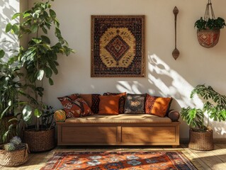 A living room with a couch, a rug, and a potted plant