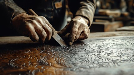 Artisan skillfully carving intricate patterns into leather, showcasing traditional craftsmanship and attention to detail.