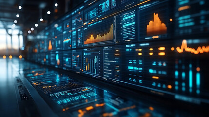 A close-up of digital screens displaying data and graphs, with wind turbines in the background. The focus is on energy sustainability and a global, typographic style