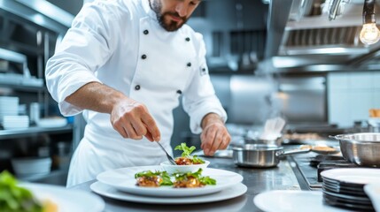 A chef in a white uniform carefully garnishing a gourmet meal in an industrial kitchen, demonstrating his precision and attention to detail for culinary excellence.