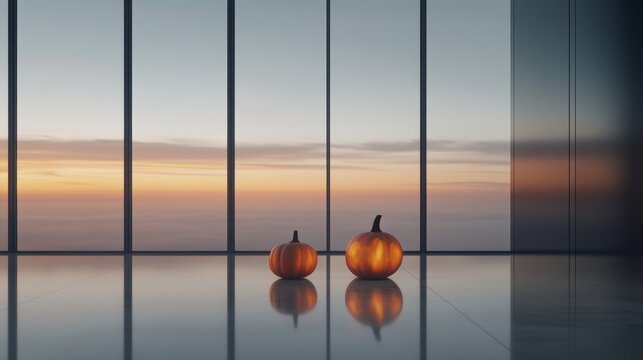 High-tech pumpkins, hologram flames, sleek modern room, futuristic warmth, digital ambiance