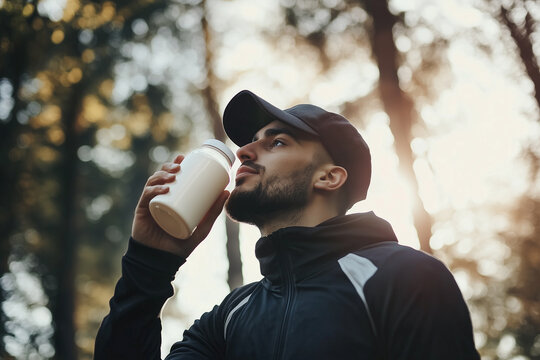Athletic man in sportswear drinking a protein while exercise at park.