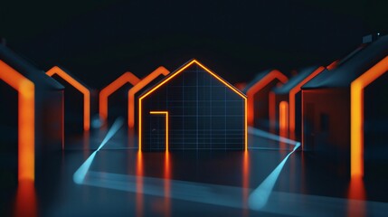 Neon Lit House in a Digital Cityscape - Abstract Technology Concept