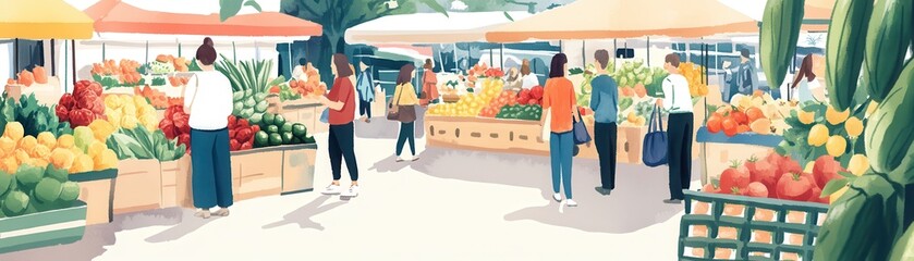 A vibrant outdoor market scene filled with colorful fruits and vegetables, showcasing fresh produce and lively shoppers enjoying the day.