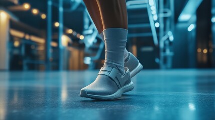 Fototapeta premium A person is seated with a sprained ankle elevated, showcasing discomfort while in a well-lit gym environment, sprained arm and sprained leg, treatment with bandage and dressing