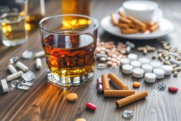 A glass with alcohol and pills on a table