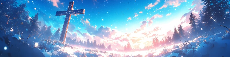 Obraz premium Enchanting Anime-Style Winter Wonderland: Dreamy Snowy Landscape with Cross Silhouette and Falling Snowflakes. AI-Generated 4K Illustration for Creative Marketing, Perfect for 2025 Winter Holidays and