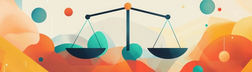 Abstract illustration of balance scales symbolizing justice and fairness, set against a colorful backdrop with vibrant shapes.
