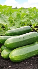 Obraz premium Ripe cucumbers rest on rich black soil under a bright blue sky in lush cucumber fields