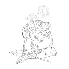 Coloring book page with jute bag with coffee beans and a branch of a coffee plant with leaves black and white illustration for printing and web use