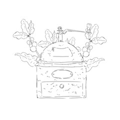 Coloring book page with mechanical coffee grinder in the background branches and twigs with leaves and fruits of coffee plant black and white illustration for printing and web use