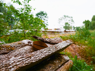 A pile of wood is sitting in a grassy area. The wood is old and has a lot of moss on it and rough cut. The scene is peaceful and serene, with the wood providing a natural and rustic feel to the area.