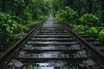 Obraz premium A train track runs through the dense forest with trees on both sides, ready for transportation