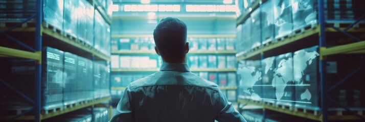 A man stands facing shelves in a warehouse with digital graphics and data projections around him, signifying modern supply chain management.