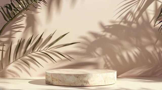 Minimal beige platform with palm leaves, ideal for showcasing premium cosmetic products in a clean, modern, and luxurious setting. Perfect for advertisements or product presentations.