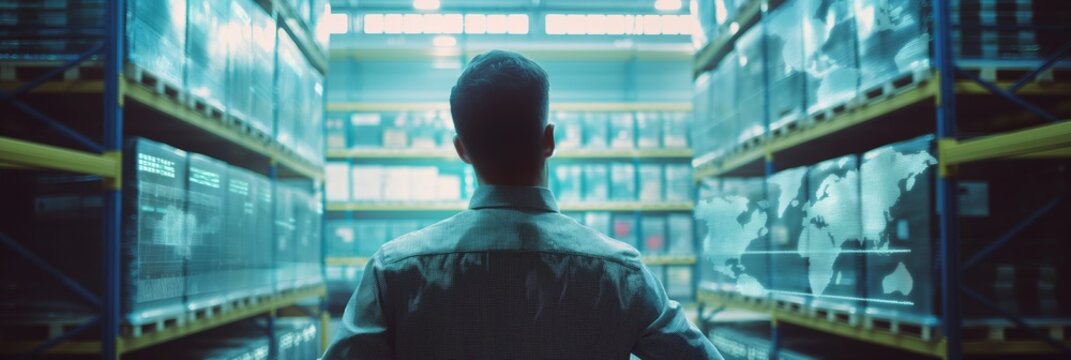 A man stands facing shelves in a warehouse with digital graphics and data projections around him, signifying modern supply chain management. - Powered by Adobe
