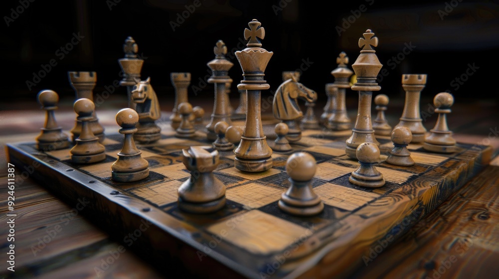 Poster A detailed view of a chessboard sitting on a table, ideal for use in educational or instructional content