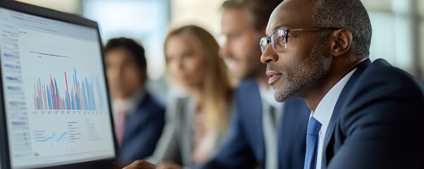Group Of Businesspeople Examining Graph On Computer, Generative AI