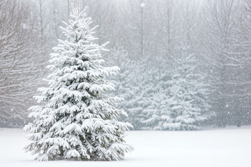 Fototapeta premium A snow-covered pine tree standing tall in a serene, wintery forest, with snowflakes gently falling around it