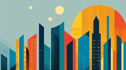 Obraz premium Abstract Cityscape Art: Geometric Buildings at Sunset