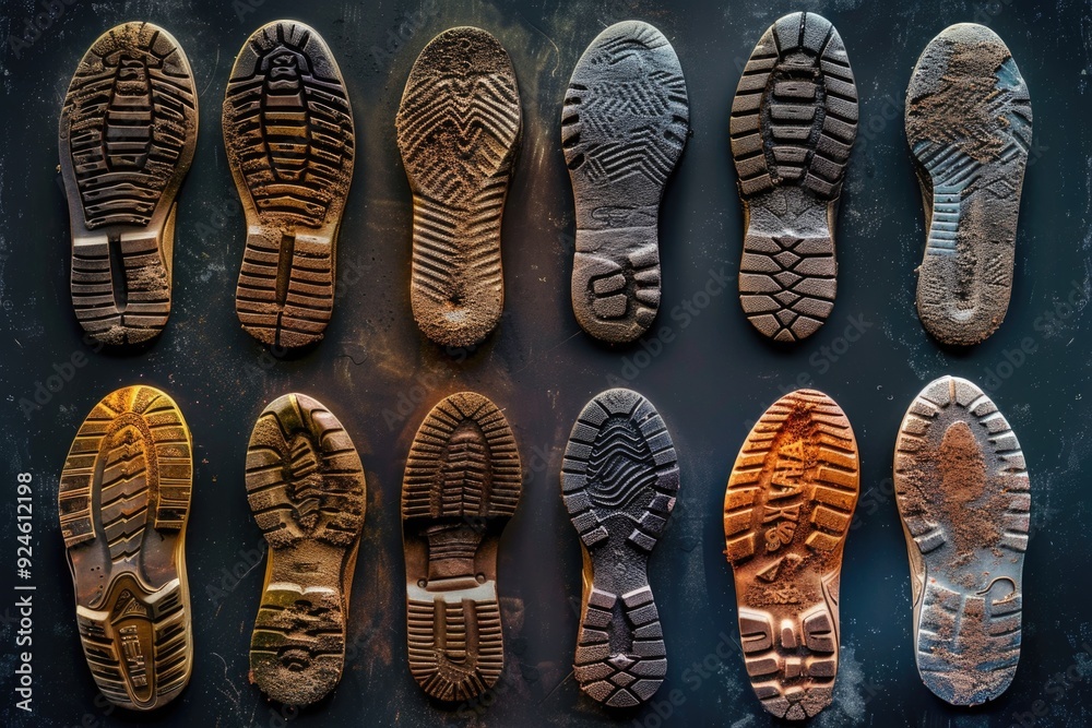 Poster Several pairs of shoes displayed neatly on a table