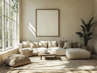 A living room with a white couch, a coffee table, and a potted plant